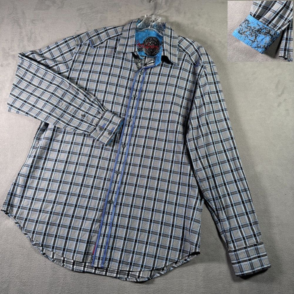 Robert Graham Shirt Mens XL‎ Blue Gray Plaid Flip Cuff Long Sleeve Button Luxury